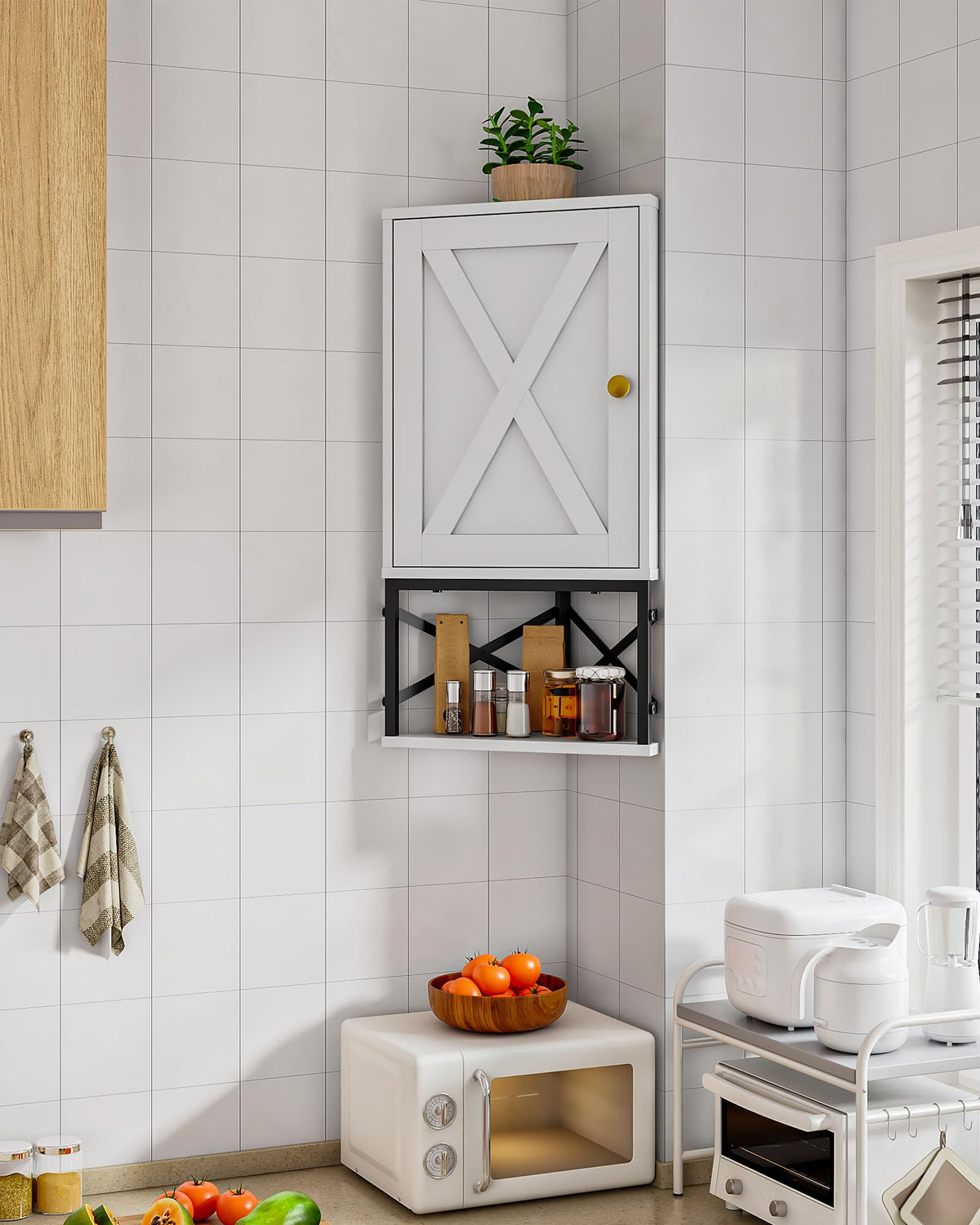 White and Black Corner Wall Cabinet with Adjustable Shelf B19194