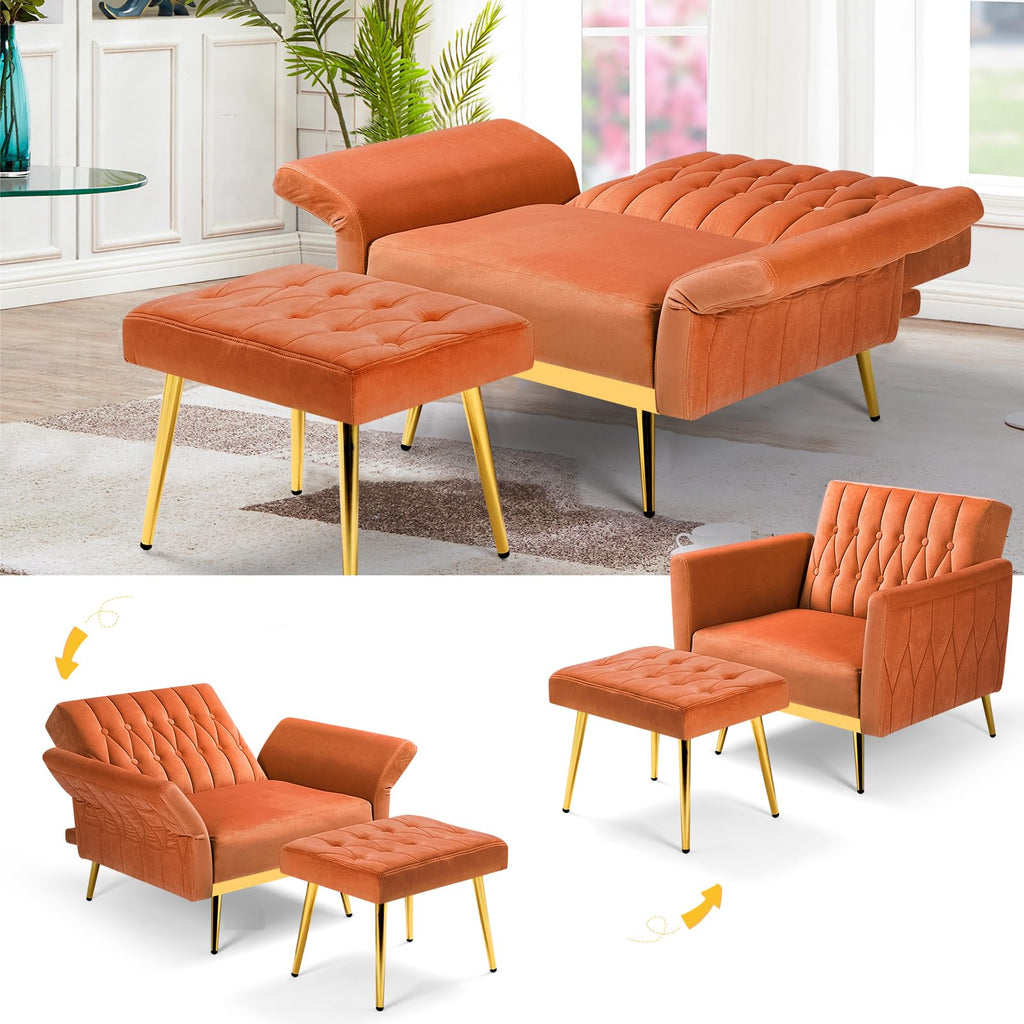 Velvet Accent Chair with Ottoman & Adjustable Backrest C3618