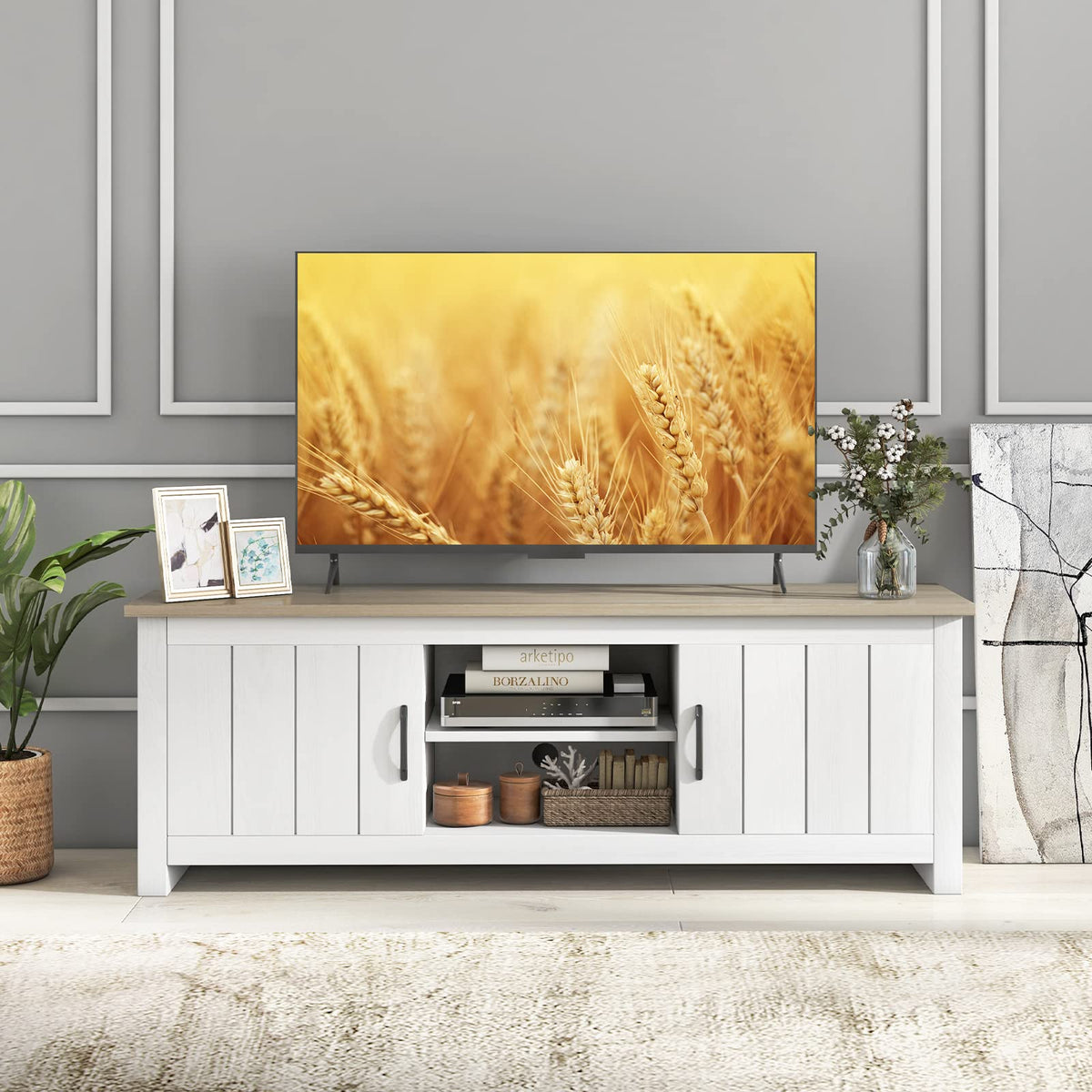 2 Doors TV Stand with 2 Cabinets & Open Shelves U9217