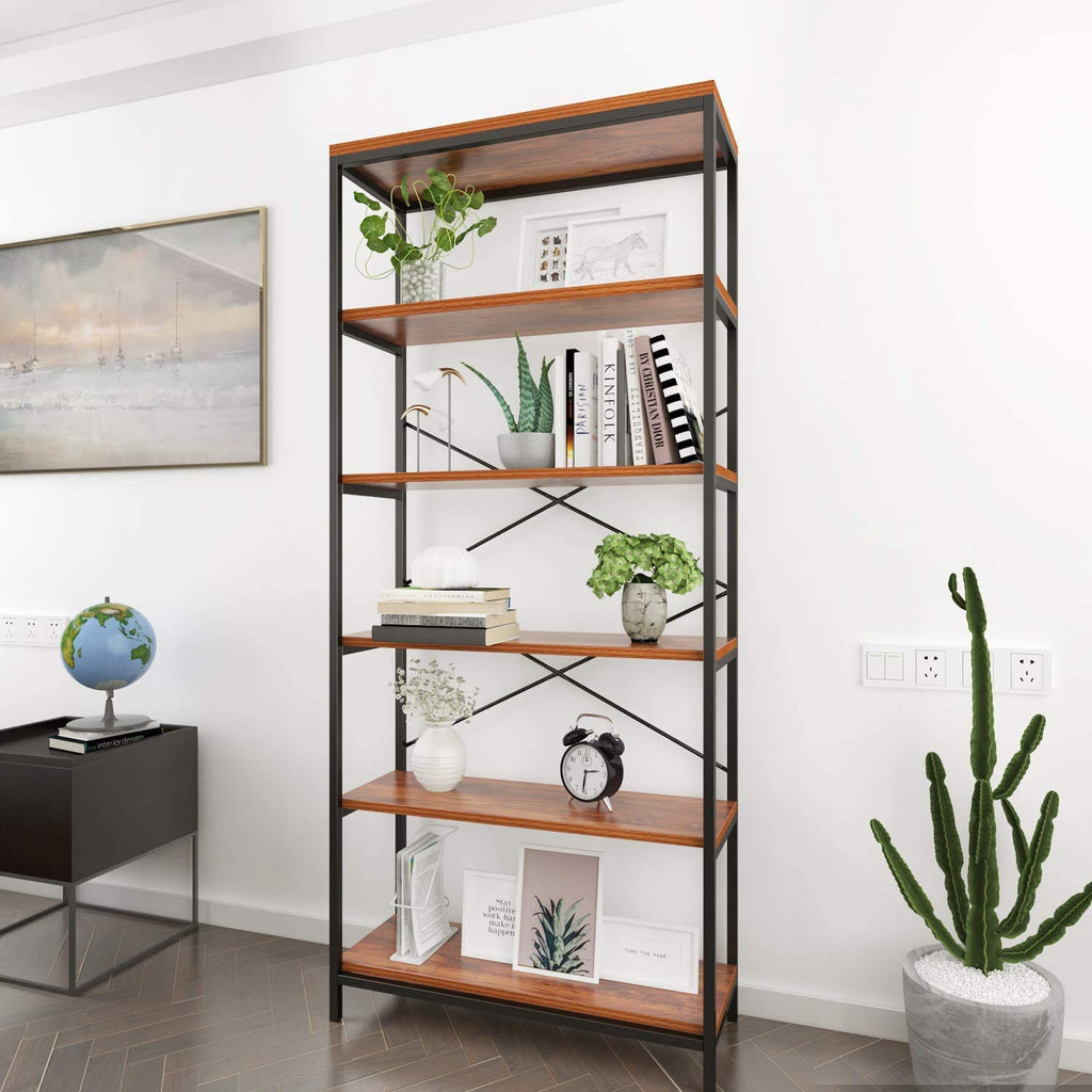 71" Tall 5 Tier Wood and Metal Bookshelf J87966
