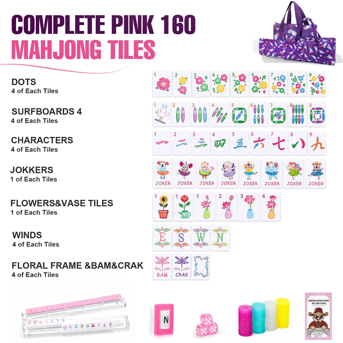 160 Mahjong Tiles with Non-Slip Mat and 4 Racks Mahjong Set D32827