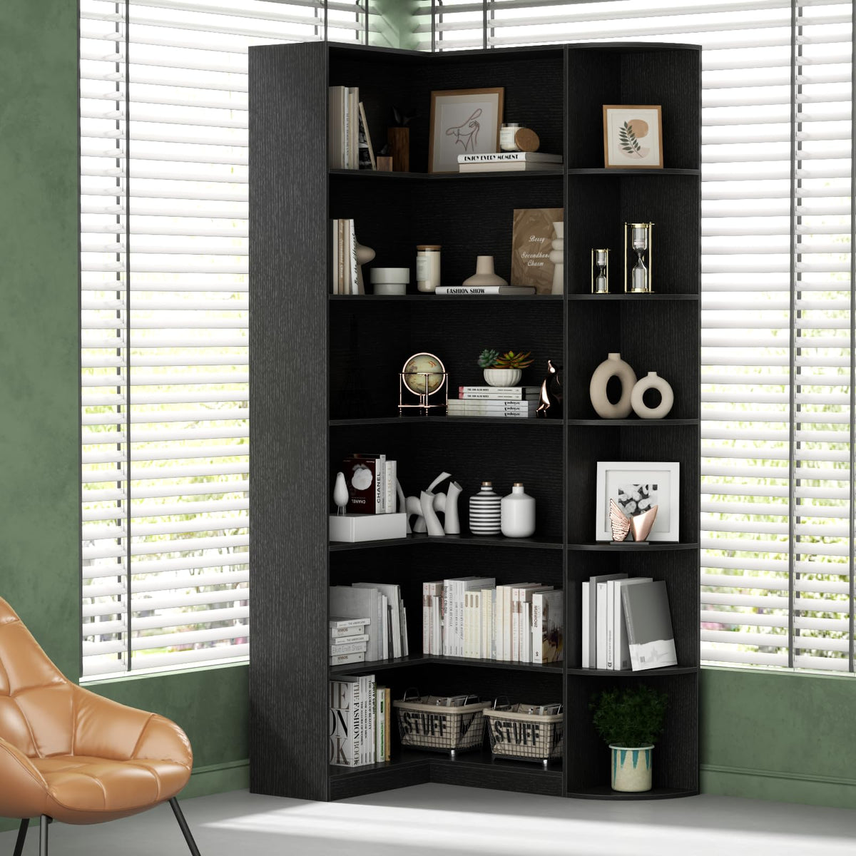 Black 6 Tiers L-Shaped Book Shelf H17785