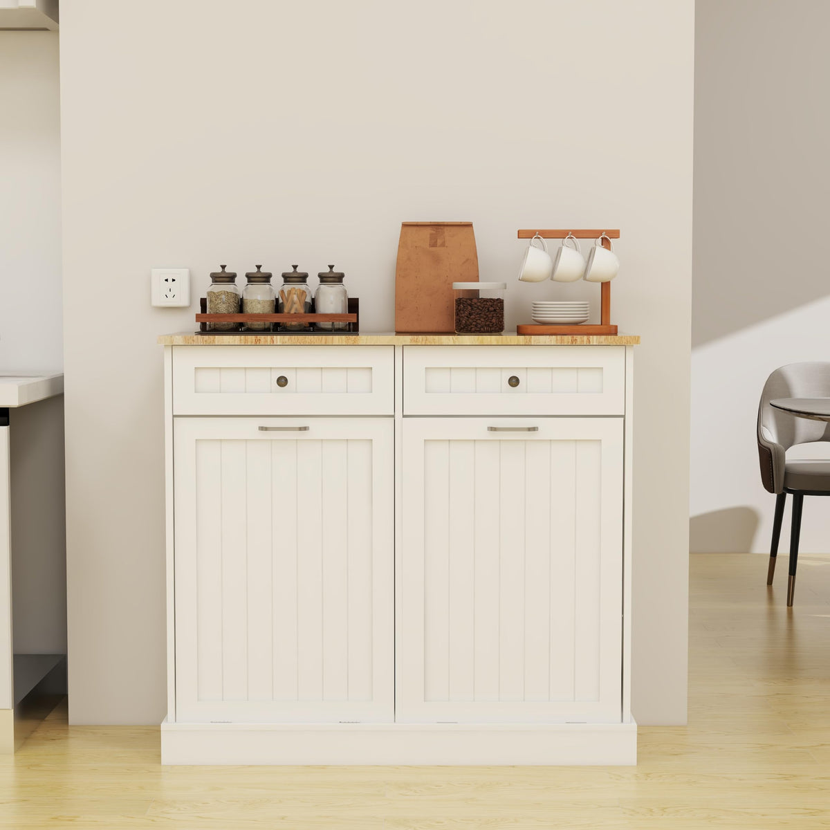 White 20 Gallon Wooden Tilt Out Trash and Recycling Cabinet Y817357