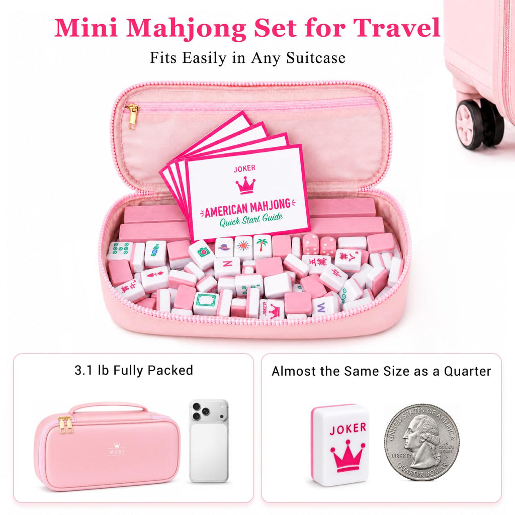 Pink Mini Travel Mahjong Tile Set with Racks and Bag I339