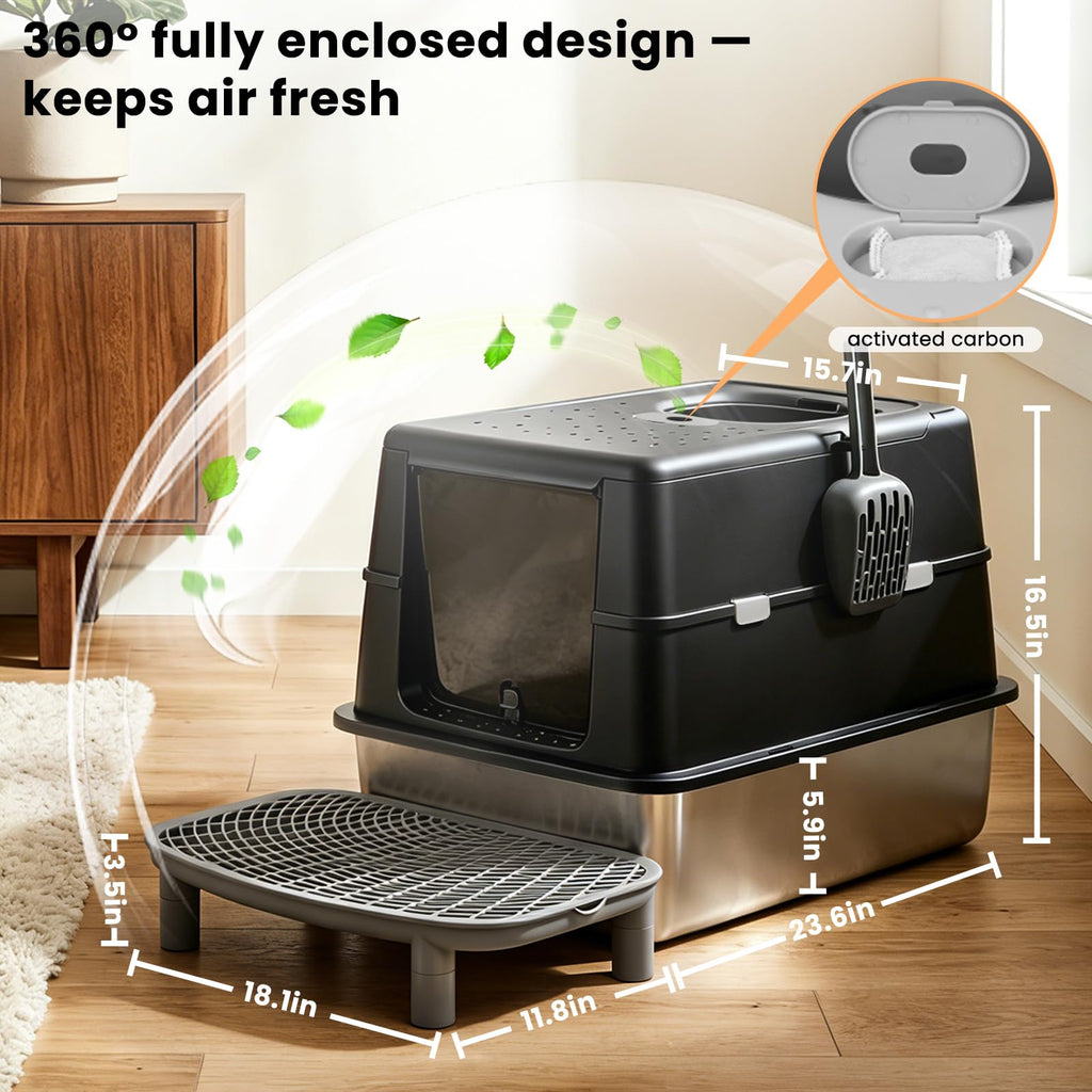 Extra Large Stainless Steel Enclosed Cat Litter Box with Lid and Scoop H602