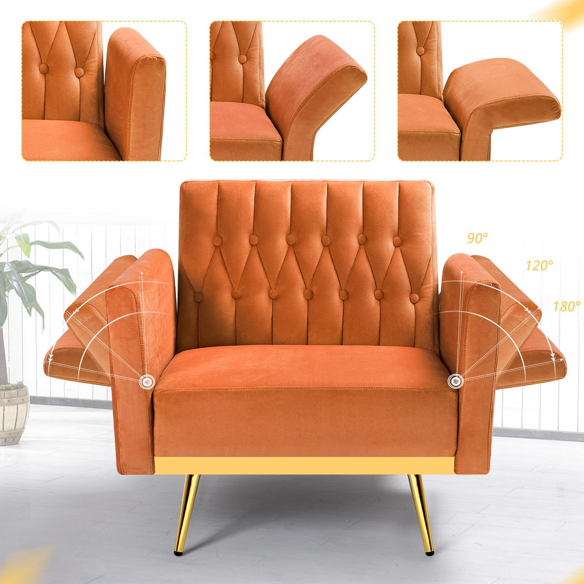 Velvet Accent Chair with Ottoman & Adjustable Backrest C3618