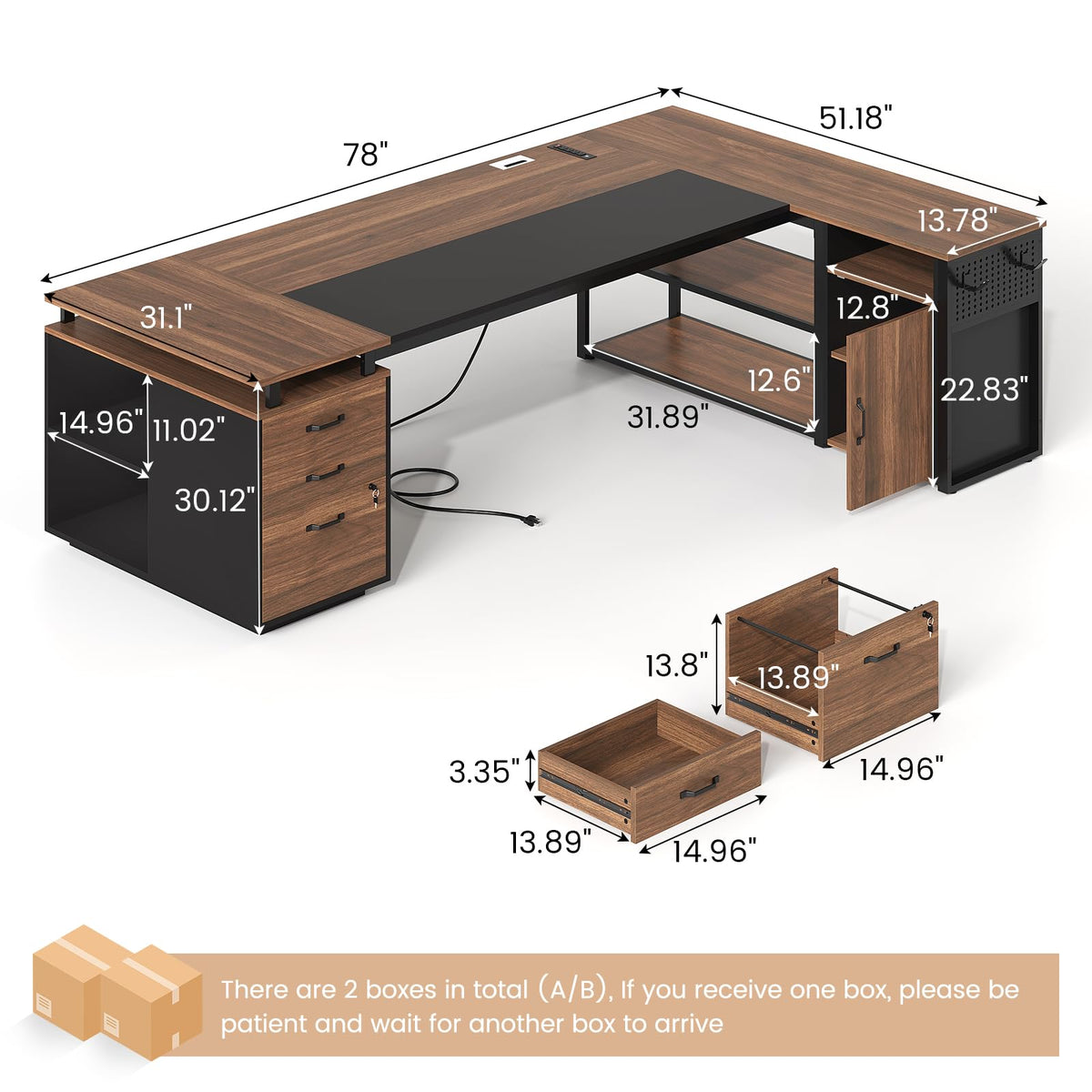 78" Walnut L Shaped Executive Desk with File Cabinet and Outlets N952365