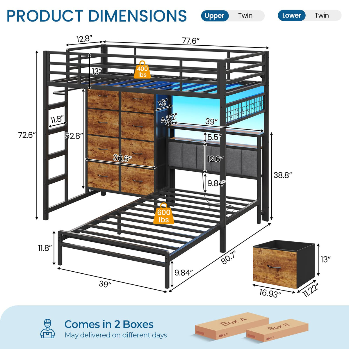 Twin Over Twin Bunk Bed with 8 Drawers and Storage Headboard M877386