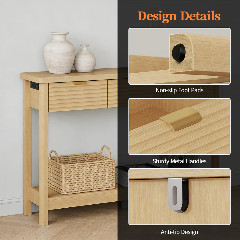 47.2" Narrow Console Table with 3 Drawers & Charging Station, Oak K82550