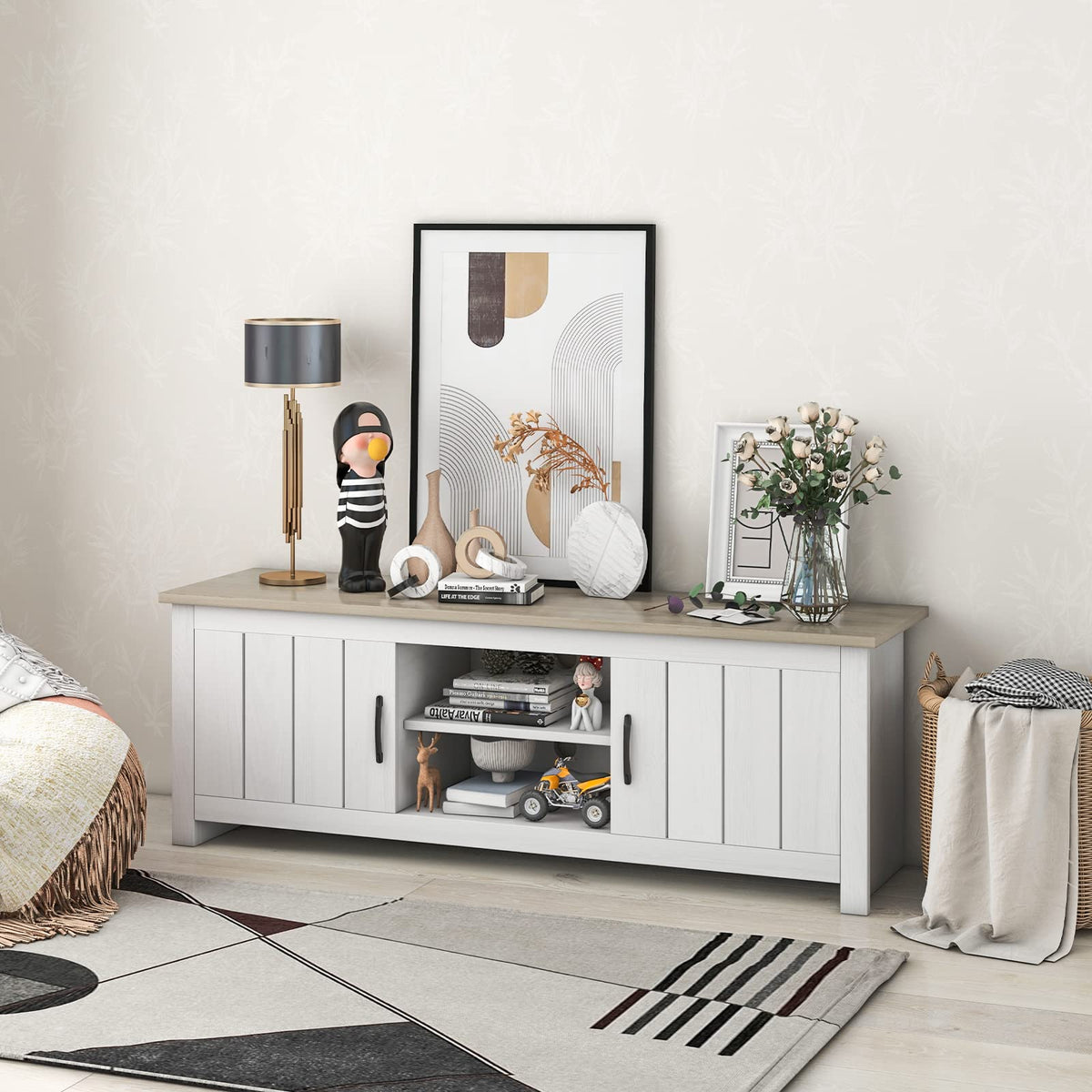 2 Doors TV Stand with 2 Cabinets & Open Shelves U9217