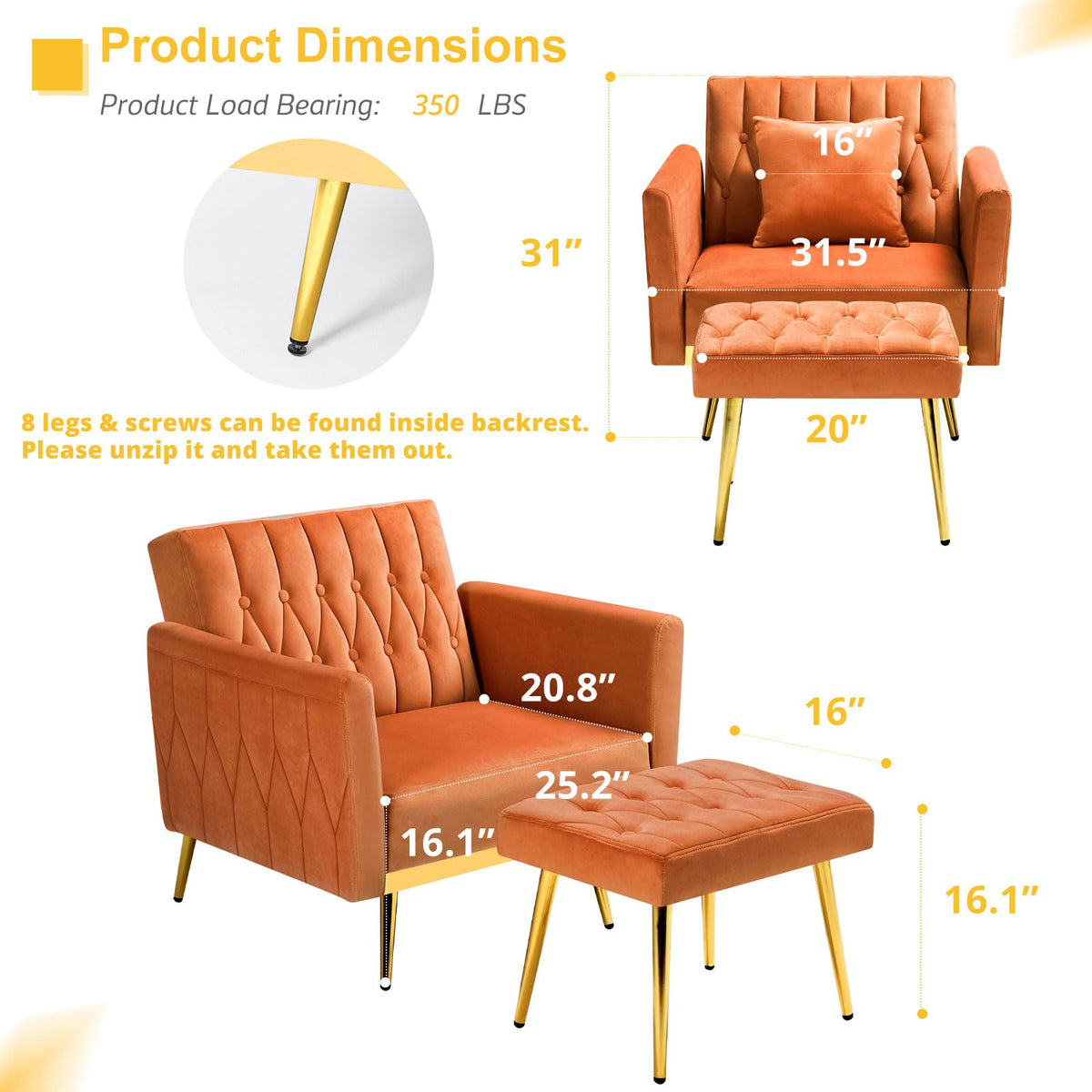 Velvet Accent Chair with Ottoman & Adjustable Backrest C3618