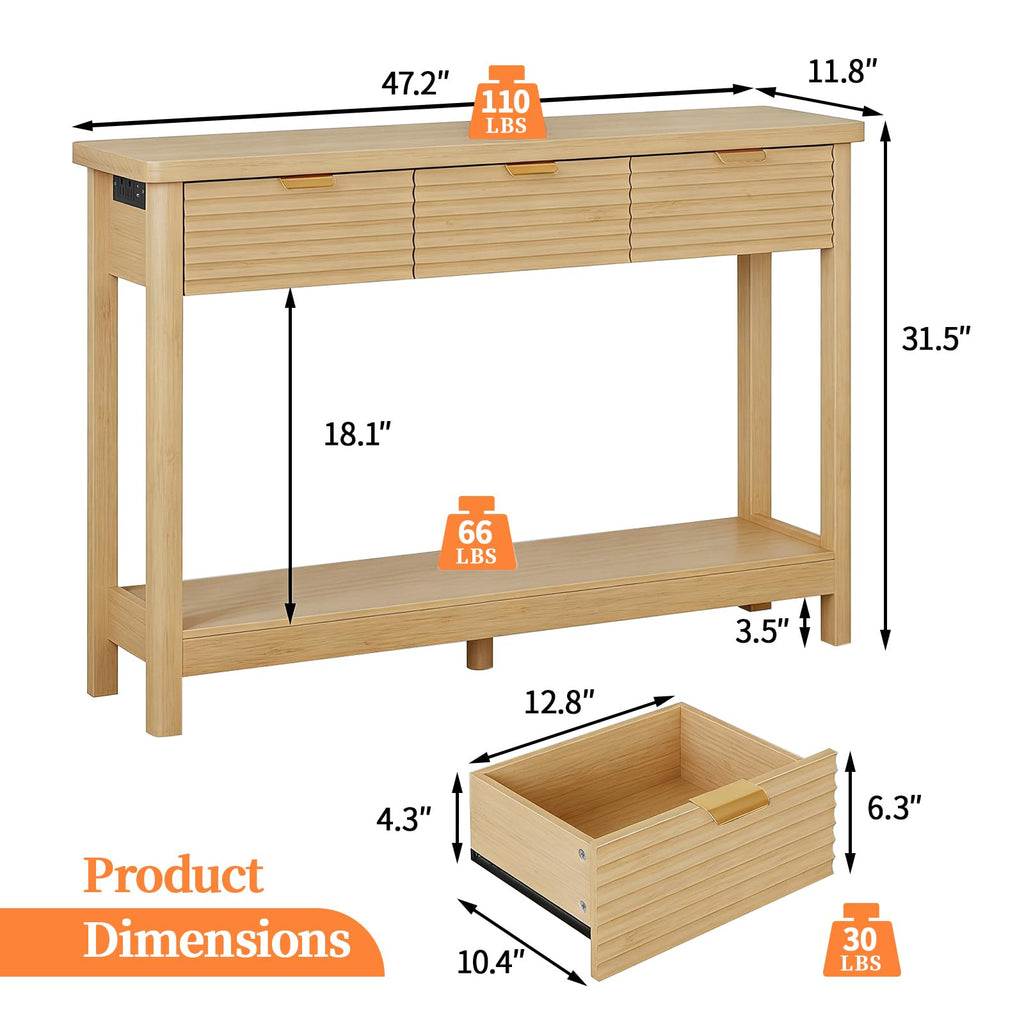 47.2" Narrow Console Table with 3 Drawers & Charging Station, Oak K82550