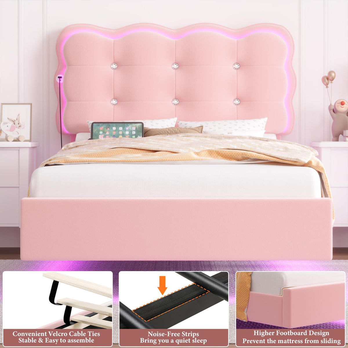 Full Size LED Bed Frame with Charging Station Headboard S20826