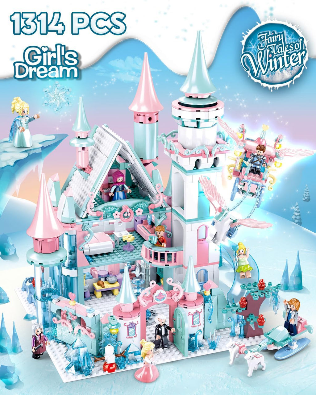 Castle Building Set with Slide, Carriage & Sledge, 9 Minifigures, 1314 PCS U98804