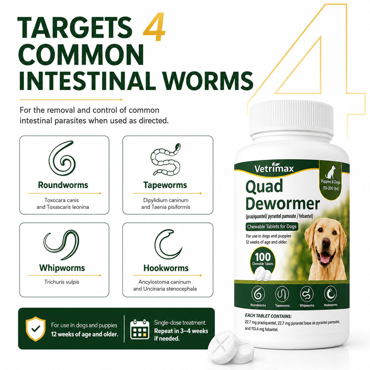 Dewormer for Dogs, 4-Way Wormer, 100 Count D572