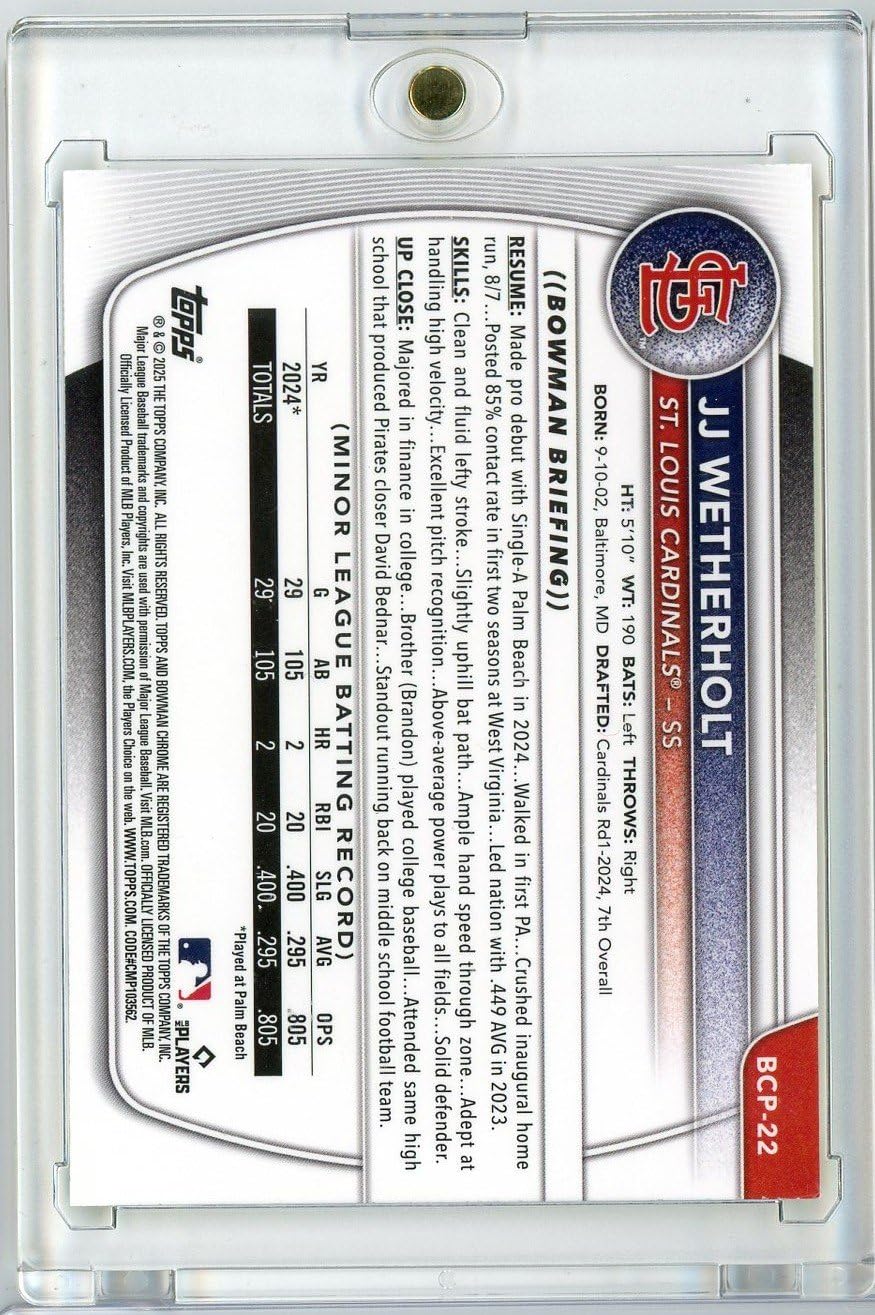 2025 Bowman Chrome JJ Wetherholt #BCP22 /75 Yellow Refractor Rookie Baseball Card R2439