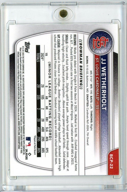 2025 Bowman Chrome JJ Wetherholt #BCP22 /75 Yellow Refractor Rookie Baseball Card R2439