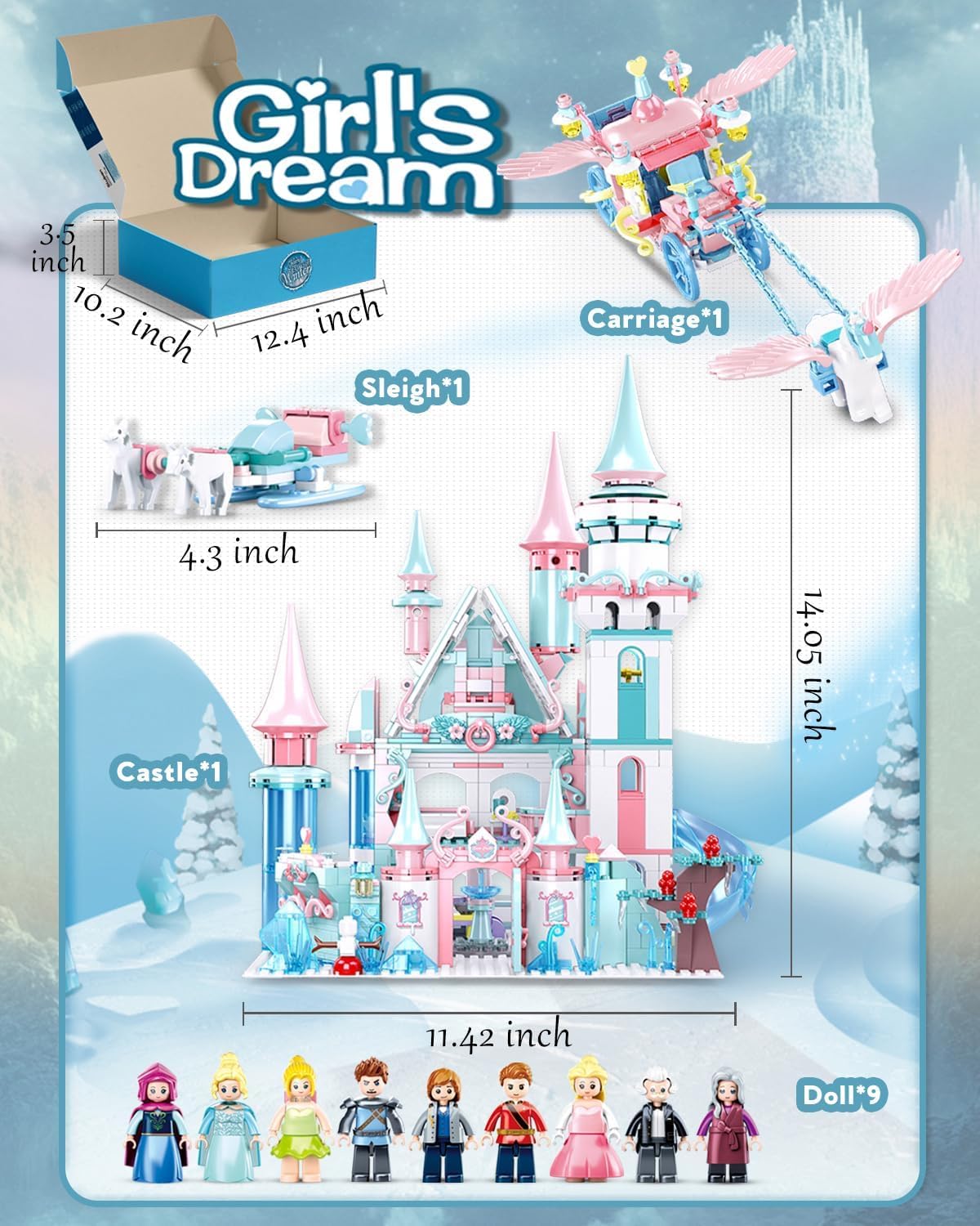 Castle Building Set with Slide, Carriage & Sledge, 9 Minifigures, 1314 PCS U98804