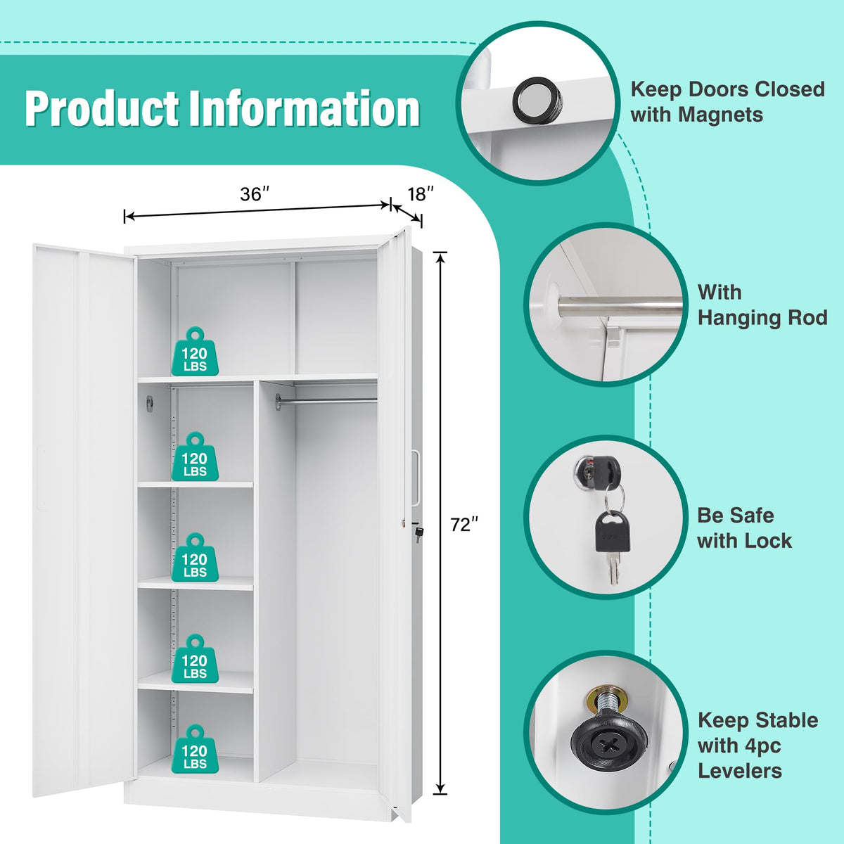White Metal Storage Cabinet with Hanging Rod and Lock S4256