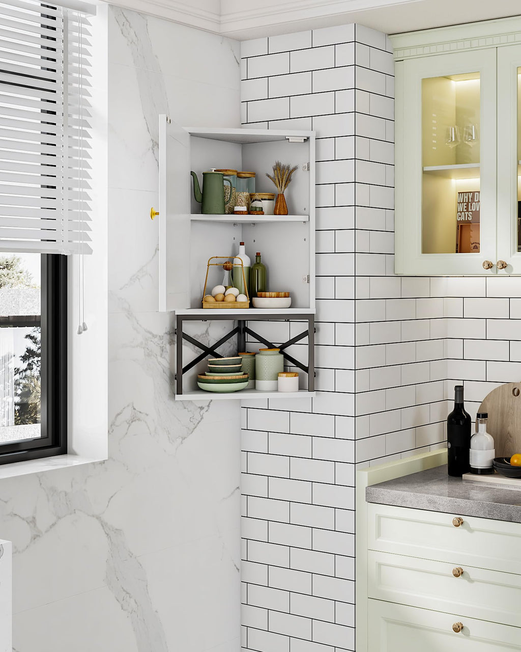 White and Black Corner Wall Cabinet with Adjustable Shelf B19194