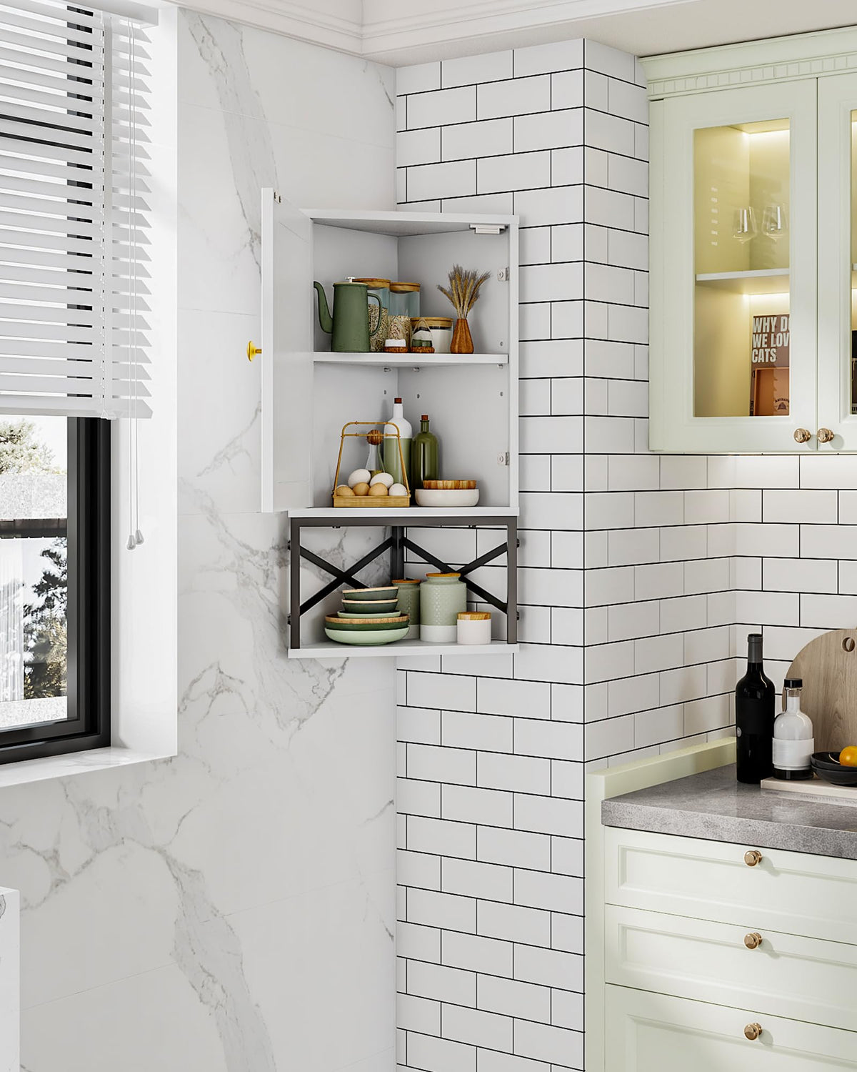 White and Black Corner Wall Cabinet with Adjustable Shelf B19194