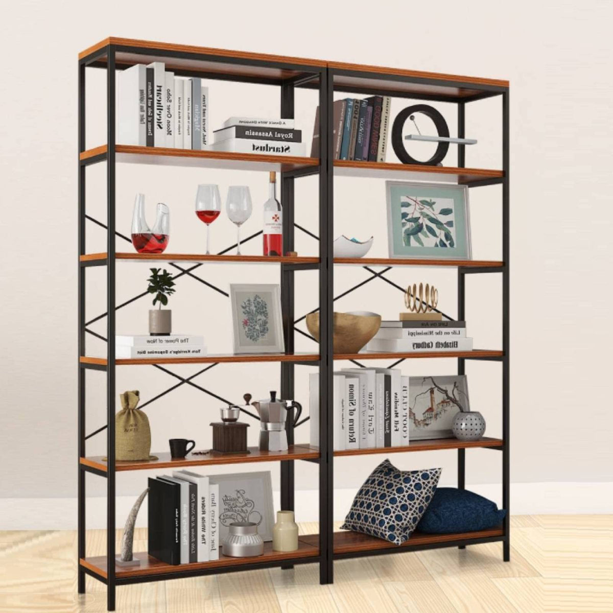 71" Tall 5 Tier Wood and Metal Bookshelf J87966