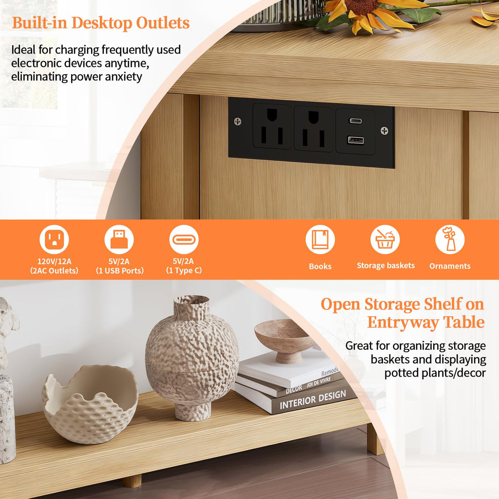 47.2" Narrow Console Table with 3 Drawers & Charging Station, Oak K82550