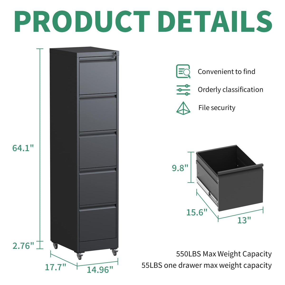 5 Drawer Black Steel File Cabinet with Lock M401700