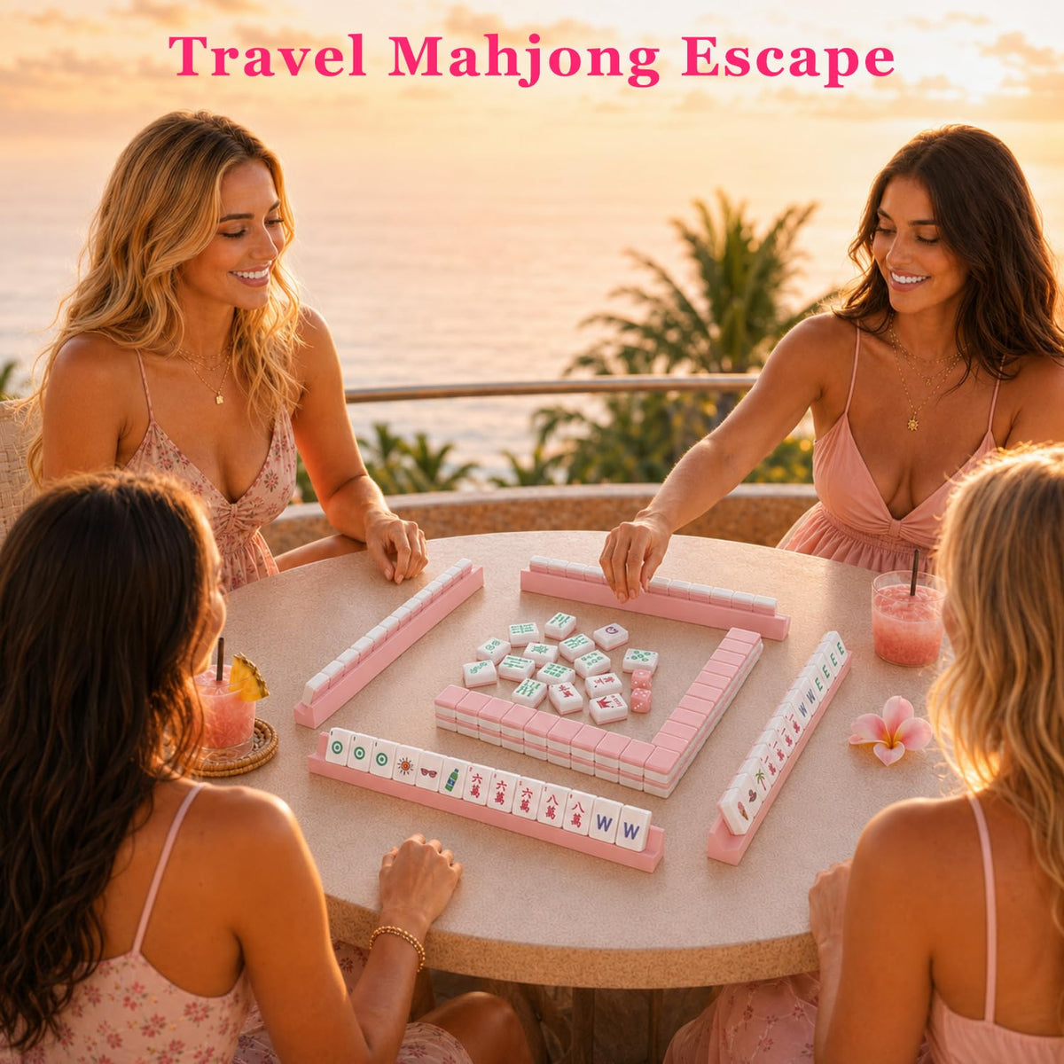 Pink Mini Travel Mahjong Tile Set with Racks and Bag I339