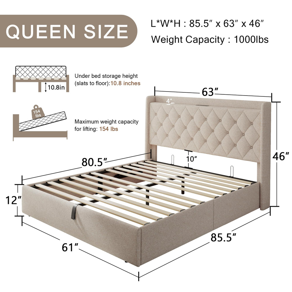 Queen Size Lift Up Storage Upholstered Bed Frame with Charging Station K807