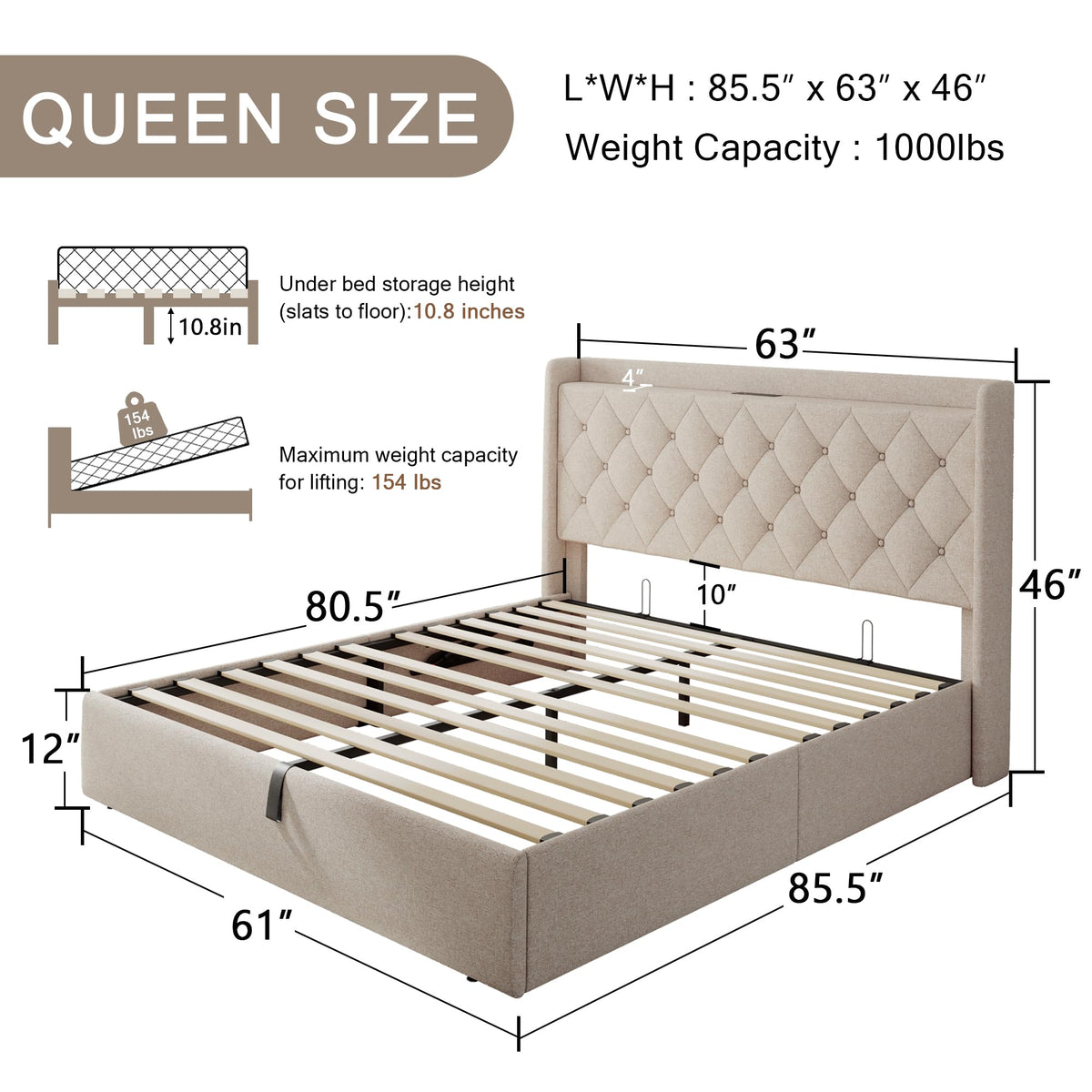 Queen Size Lift Up Storage Upholstered Bed Frame with Charging Station K807