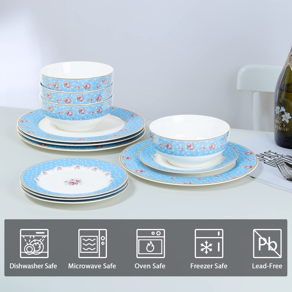 12 Piece Blue Floral Ceramic Dinnerware Set L616