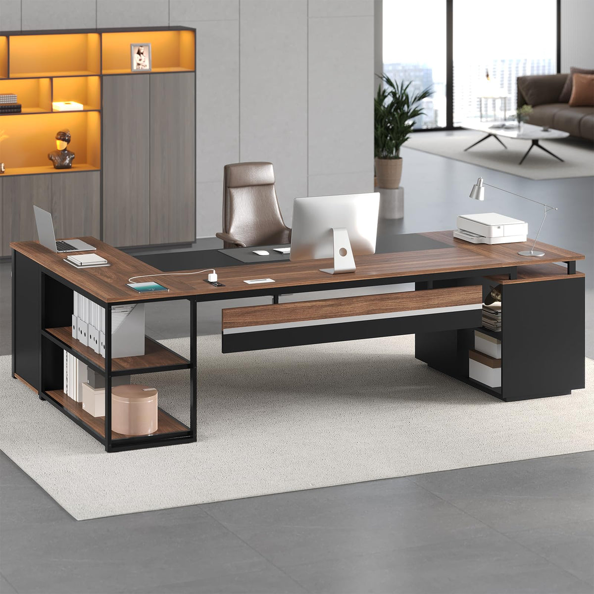 78" Walnut L Shaped Executive Desk with File Cabinet and Outlets N952365