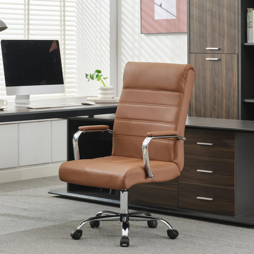 Brown Leather High Back Office Chair with Armrest M66137
