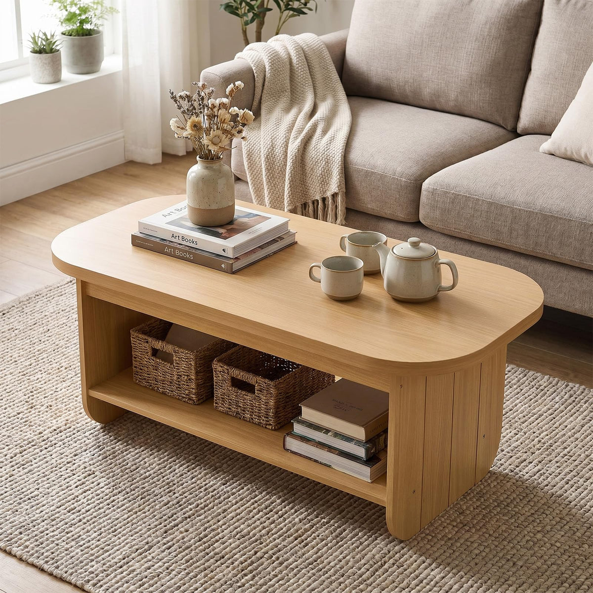 2-Tier Oval Coffee Table with Storage Shelf I48149