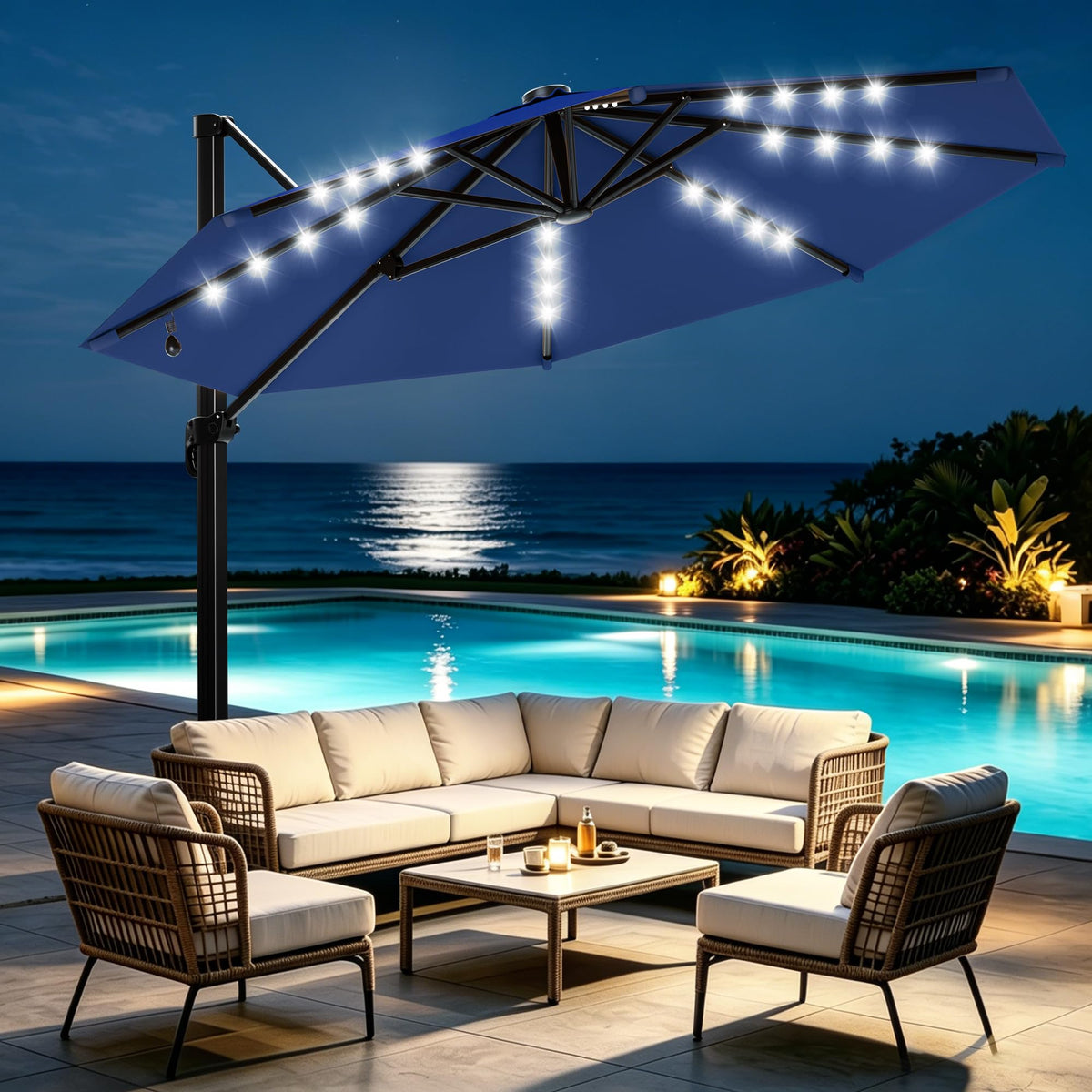 9FT Cantilever Patio Umbrella with Lights K725