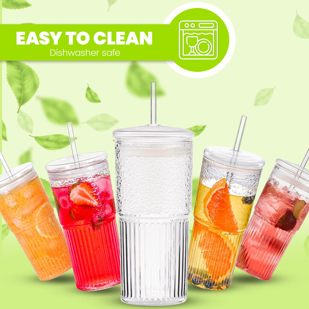 Clear 22 oz Glass Cup with Lid and Straw P169