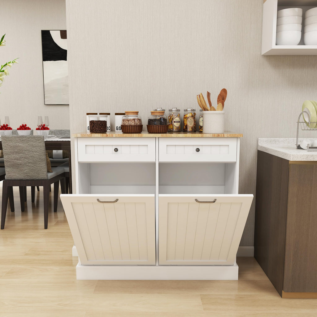 White 20 Gallon Wooden Tilt Out Trash and Recycling Cabinet Y817357