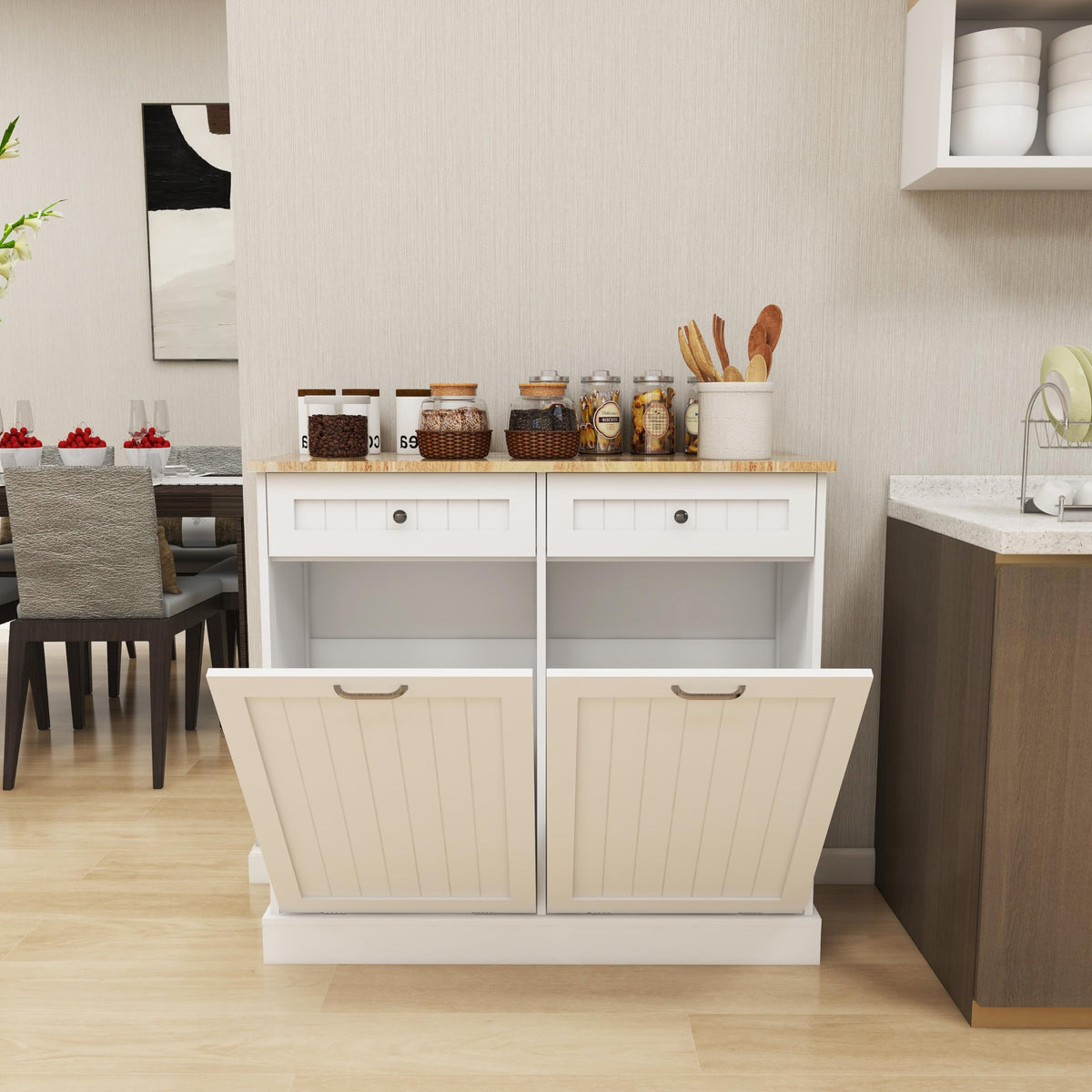 White 20 Gallon Wooden Tilt Out Trash and Recycling Cabinet Y817357