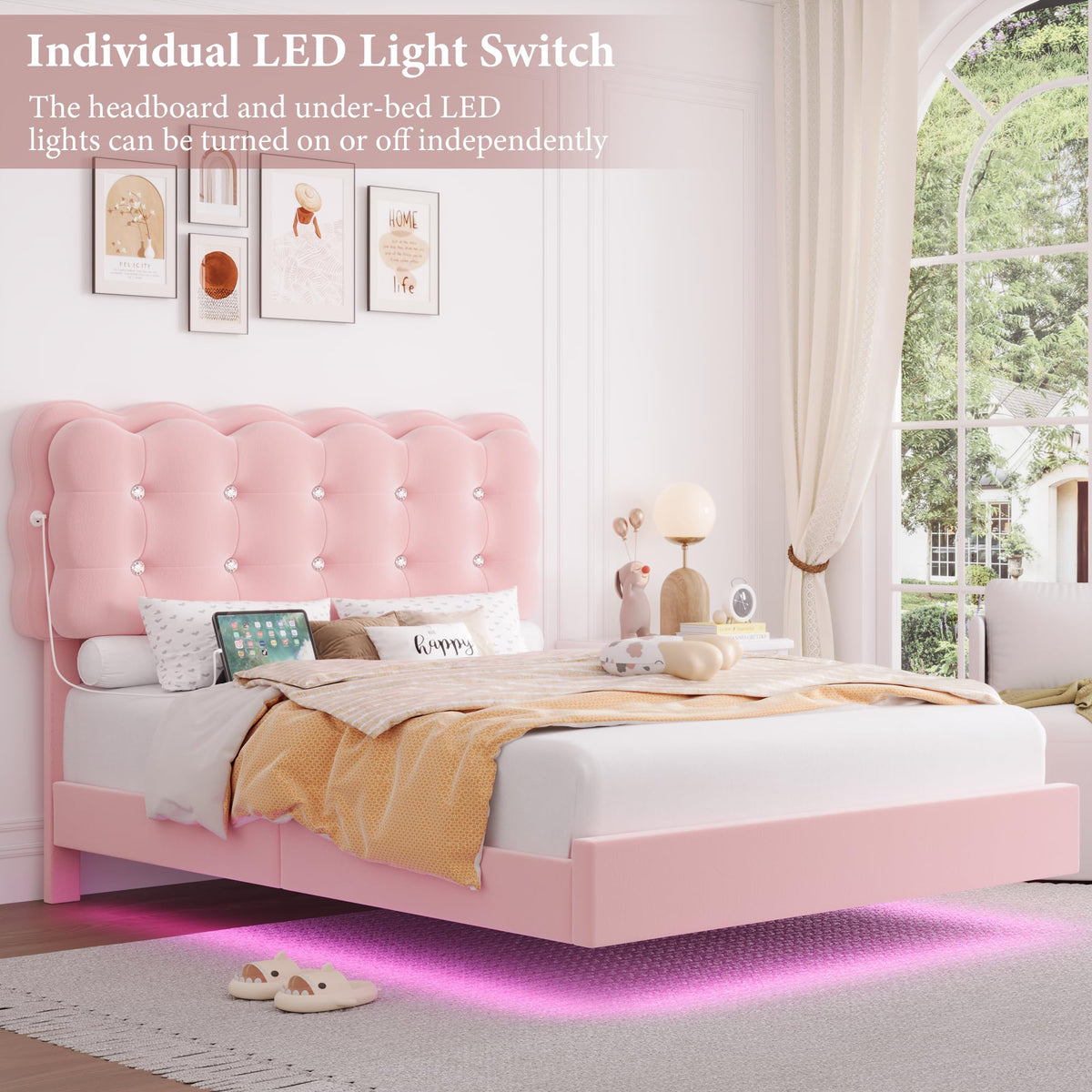 Full Size LED Bed Frame with Charging Station Headboard S20826