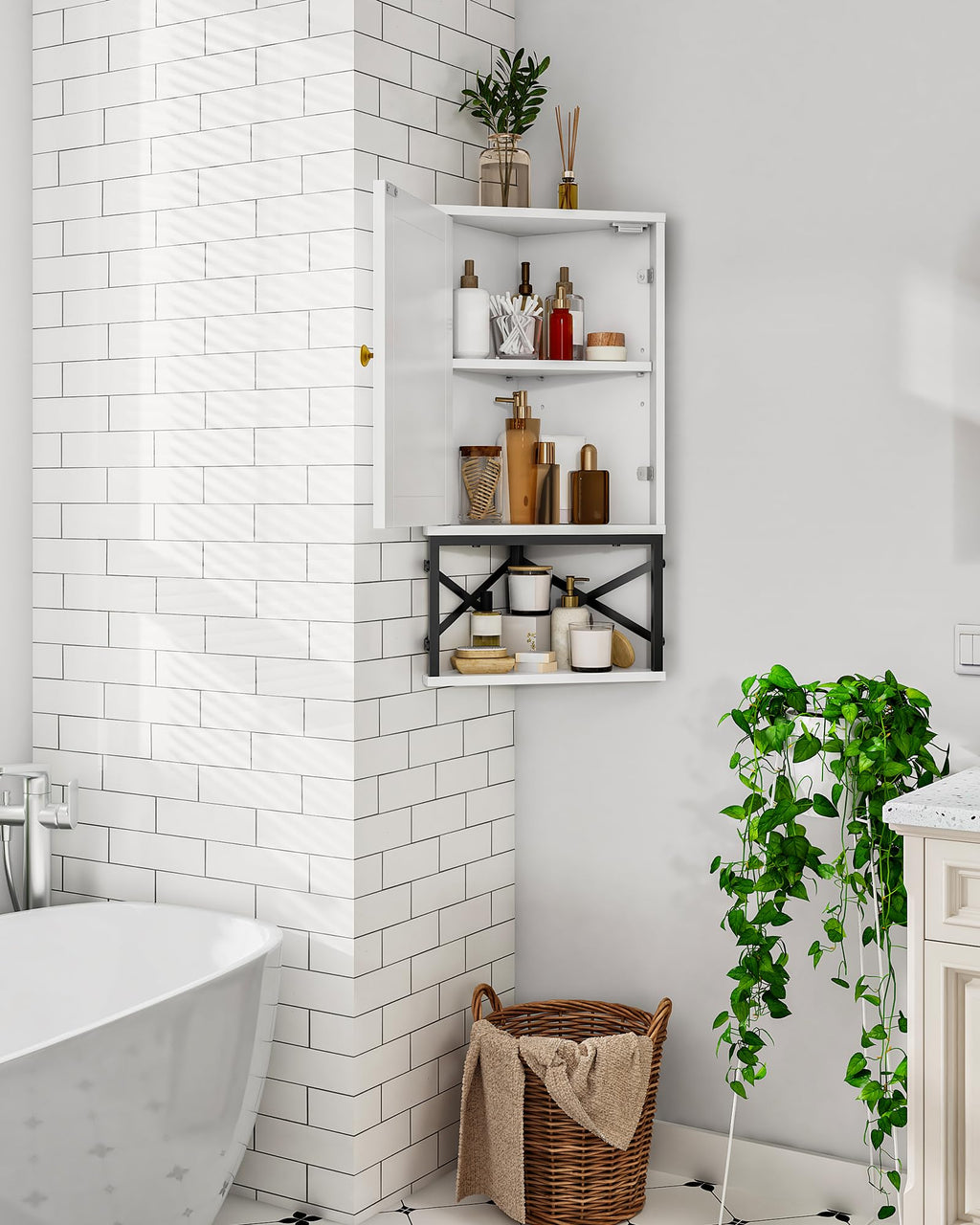 White and Black Corner Wall Cabinet with Adjustable Shelf B19194