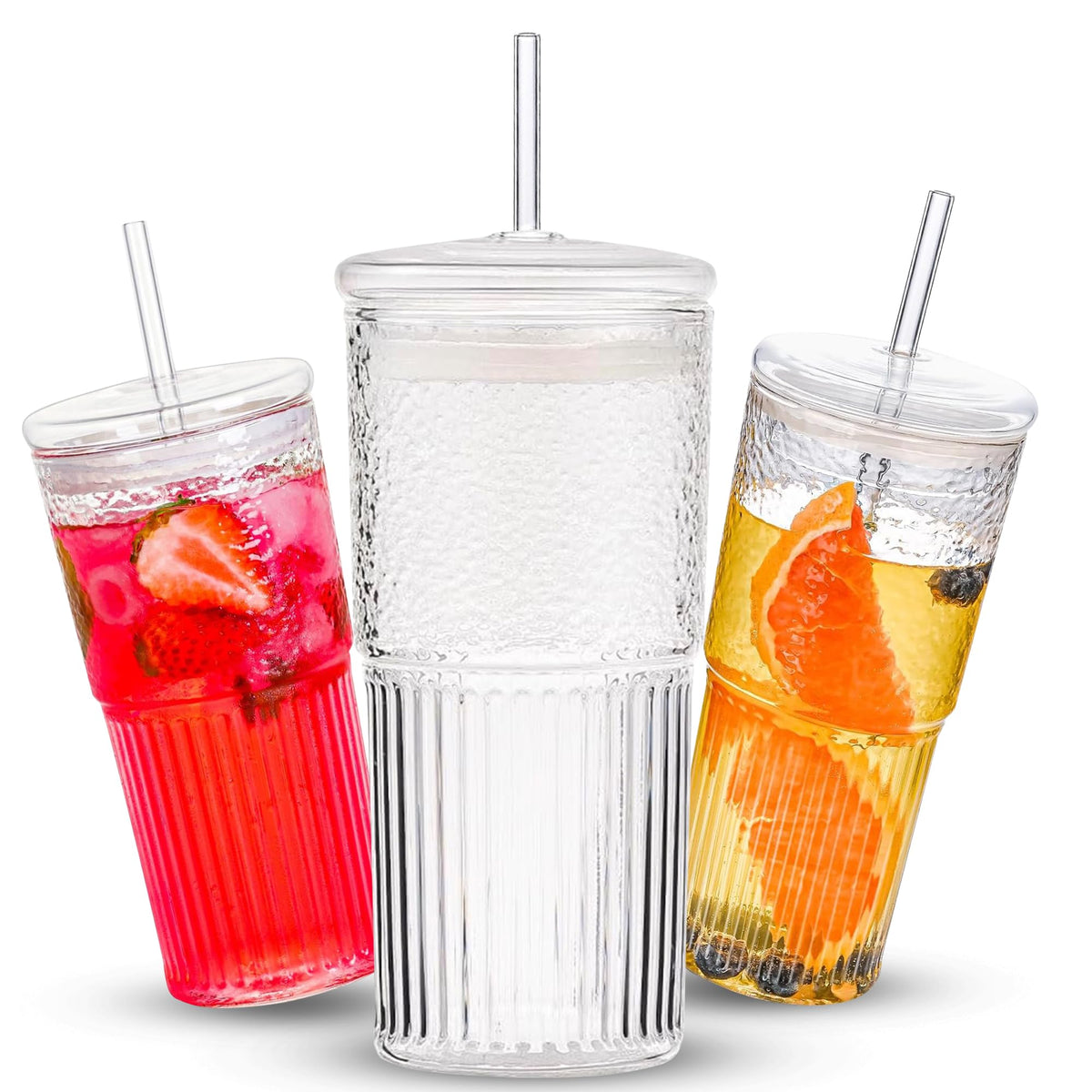 Clear 22 oz Glass Cup with Lid and Straw P169