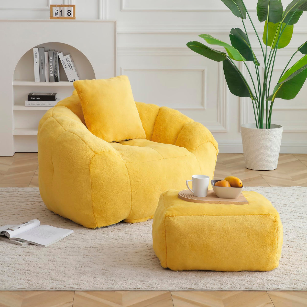 Yellow Faux Fur Memory Foam Bean Bag Chair with Footstool F333