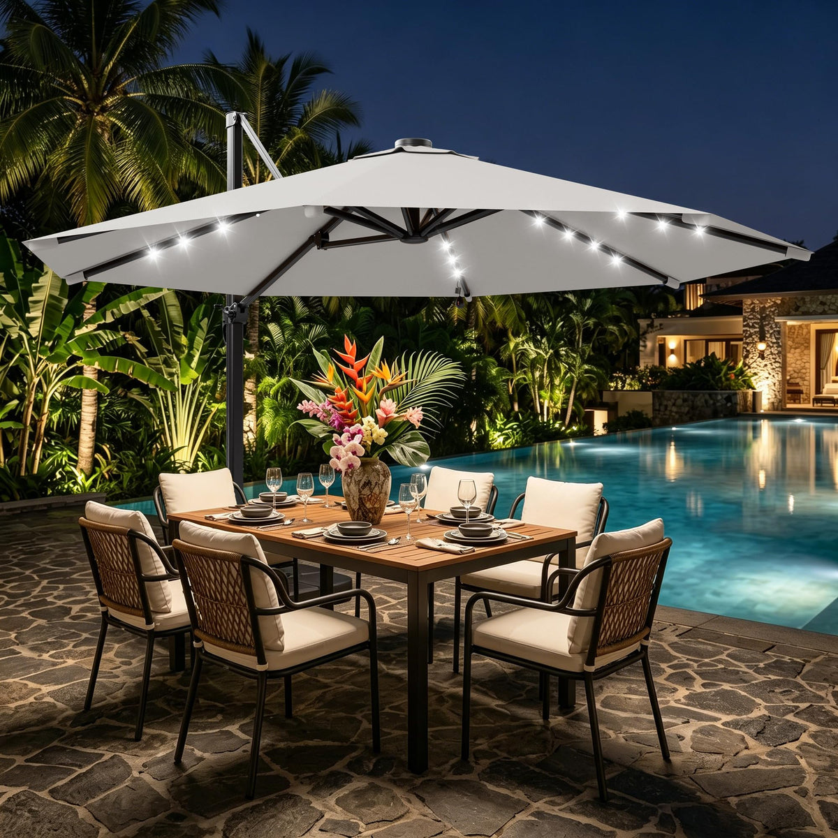 9FT Cantilever Patio Umbrella with Lights K725