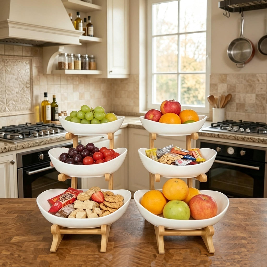3-Tier Ceramic Fruit Bowl with Bamboo Stand P928