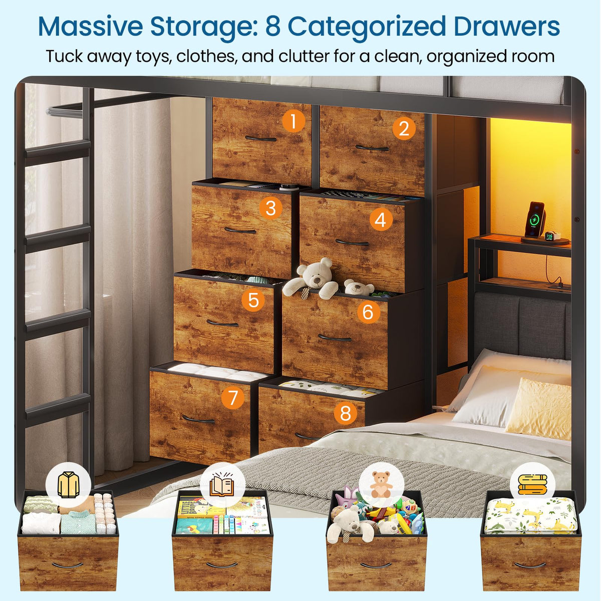 Twin Over Twin Bunk Bed with 8 Drawers and Storage Headboard M877386