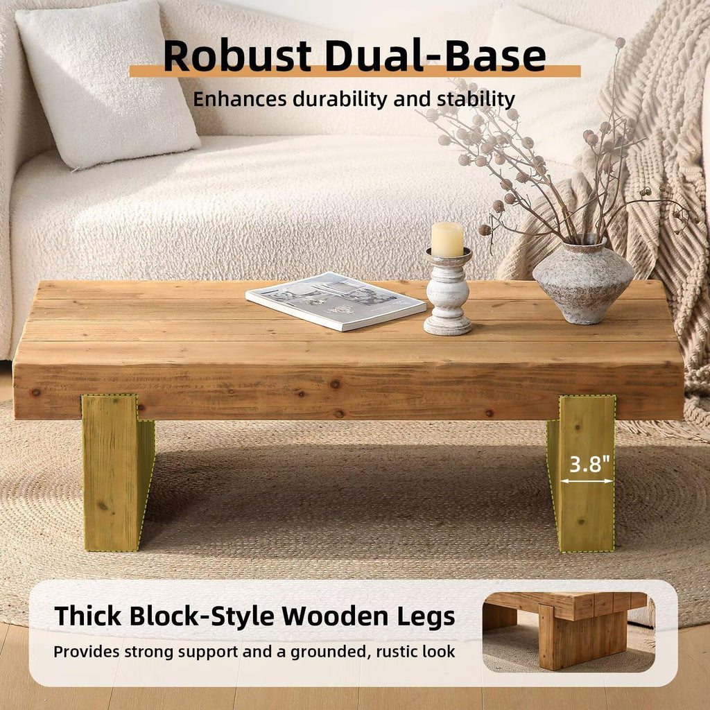 Solid Pine Wood Coffee Table, Rectangular Chunky Block Legs Z27988