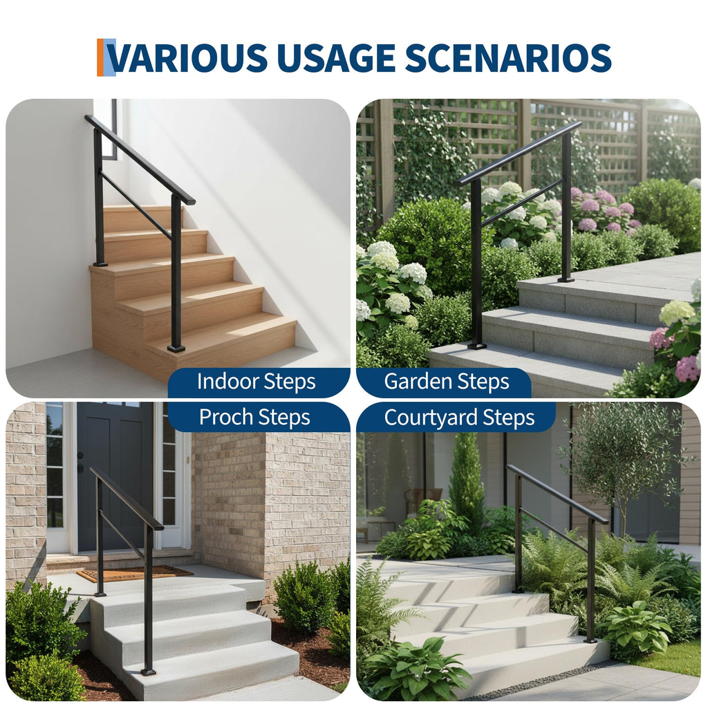 4 Step Black Aluminum Iron Outdoor Stair Handrail Kit T2264
