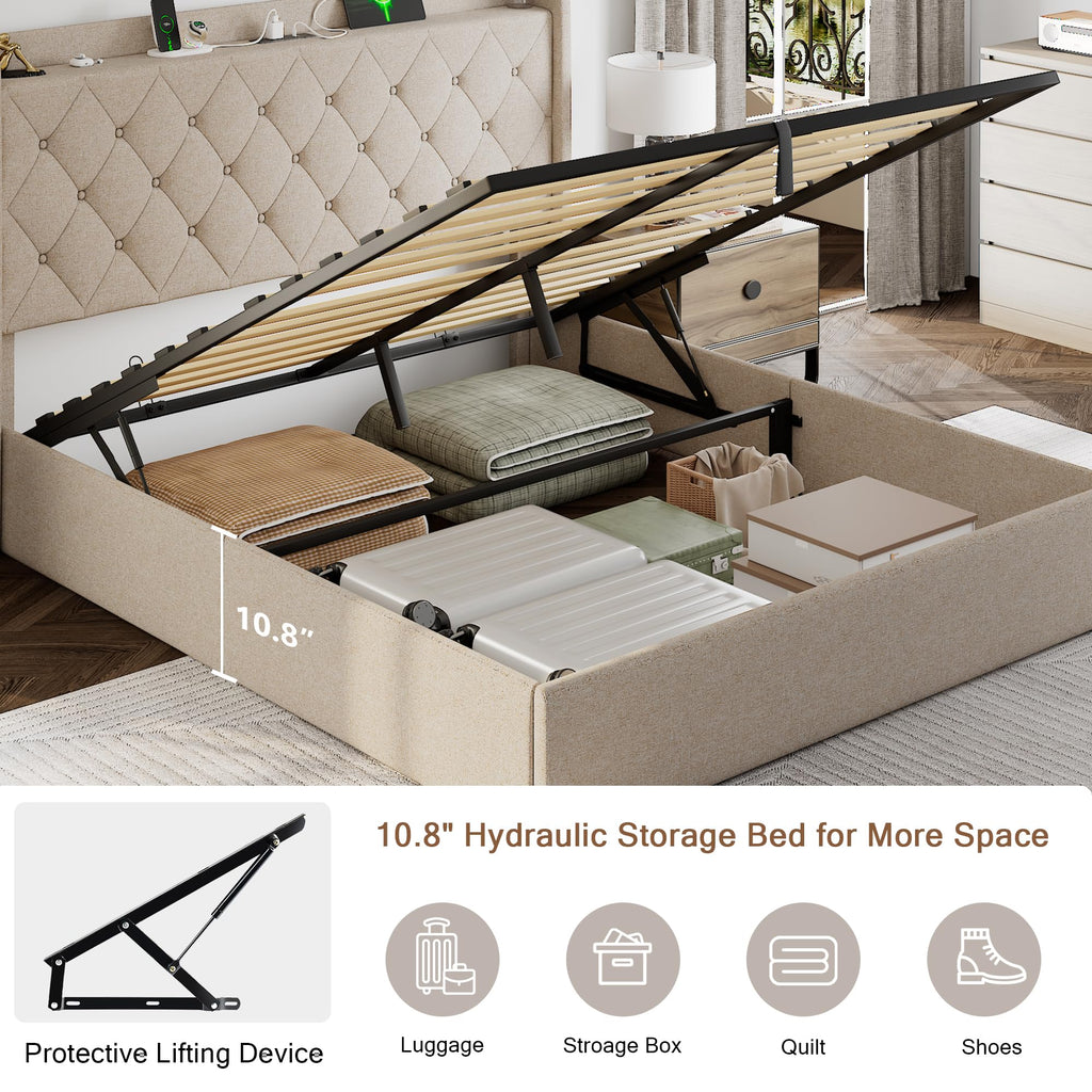Queen Size Lift Up Storage Upholstered Bed Frame with Charging Station K807