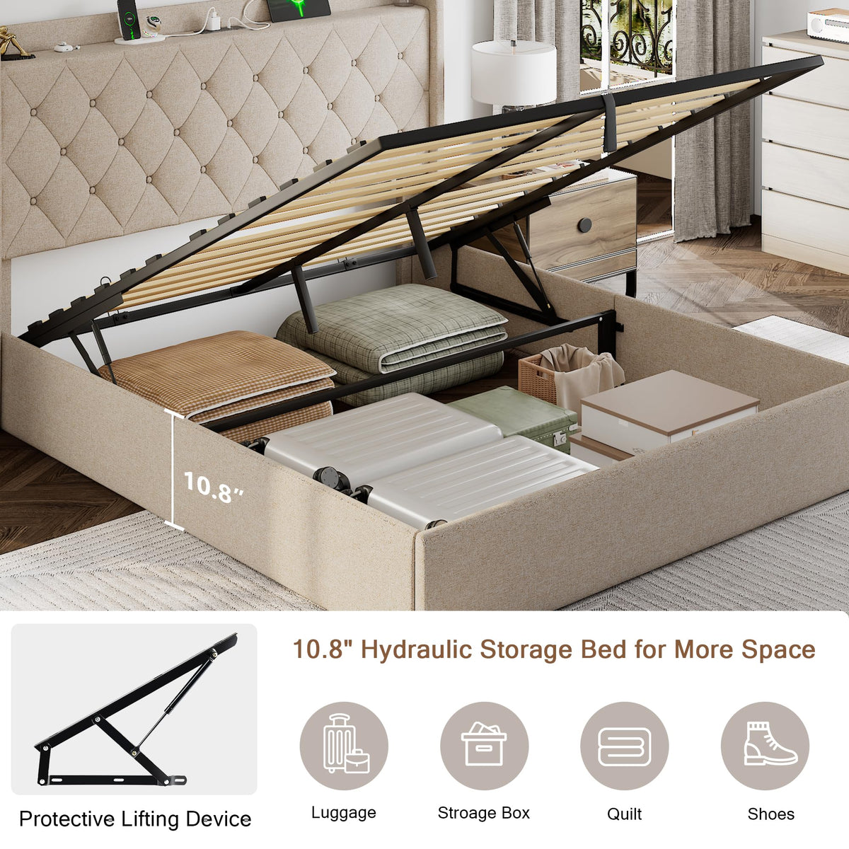 Queen Size Lift Up Storage Upholstered Bed Frame with Charging Station K807